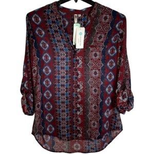 Kut from the Kloth Maroon and Blue Patterned Blouse